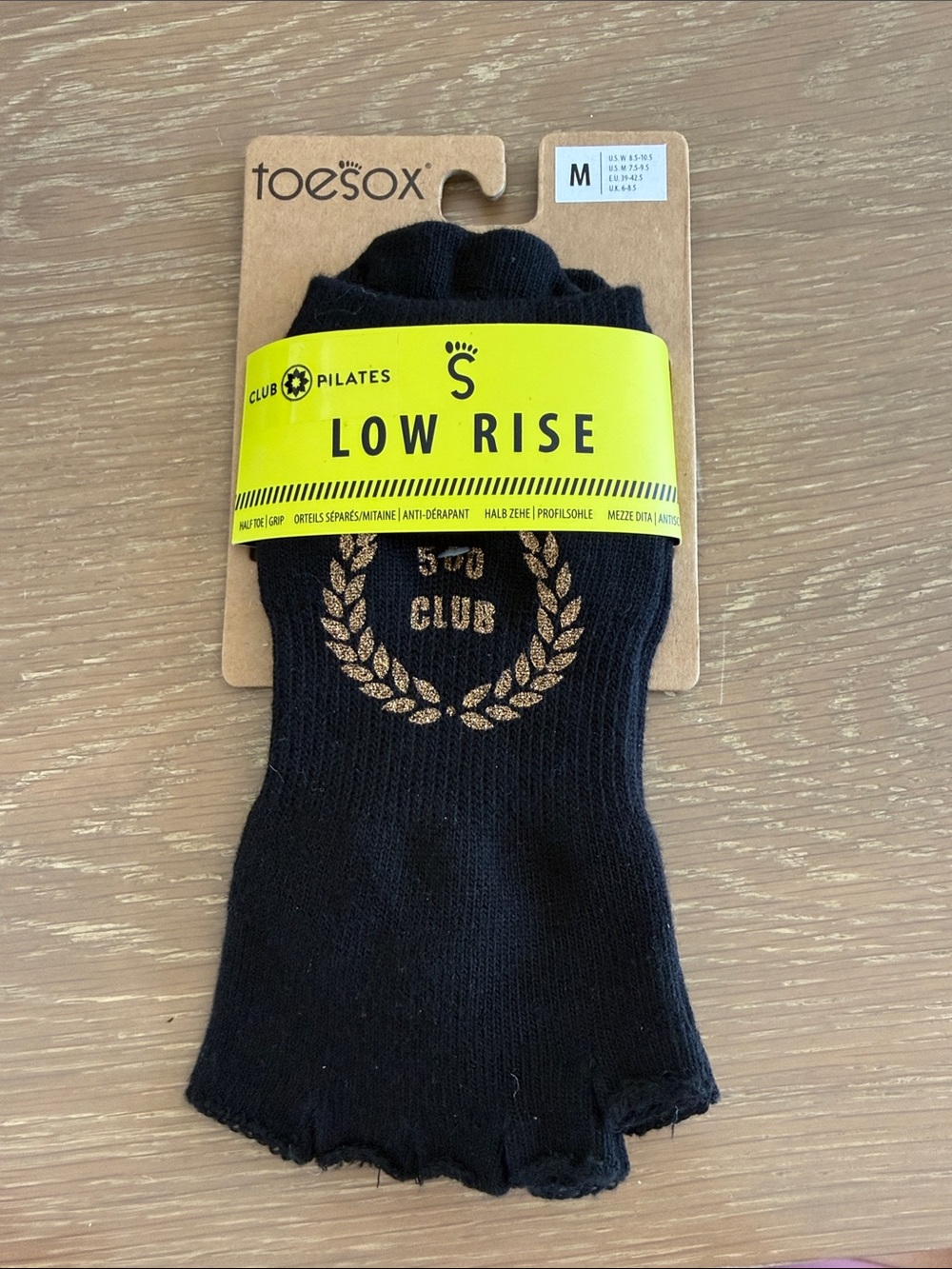 toesox Black Low Rise Pilates Toe Socks with Gold Laurel Detail